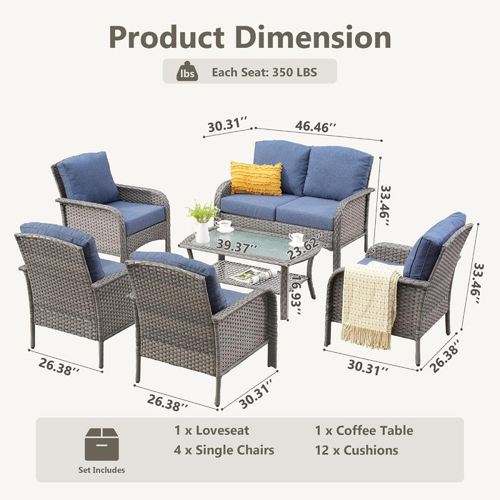 6-Piece Wicker Patio Conversation Set, Beige, 6 Seats