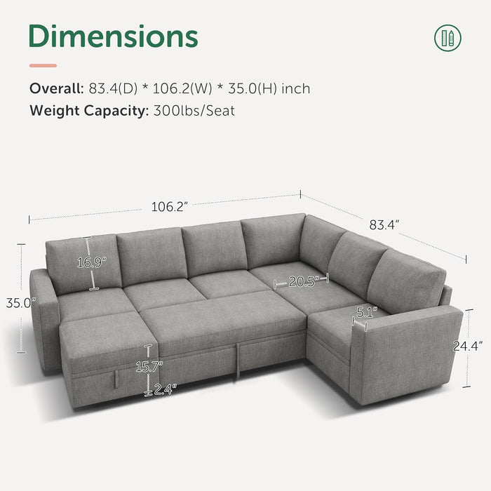 Modular Sectional Sleeper Sofa U-Shaped, Warm Grey