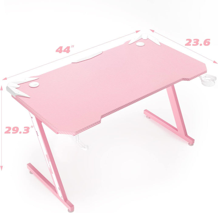 Gaming Computer Desk with Carbon Fiber Surface, Gaming Table Z Shaped Pc Home Office with Cup Holder&Headphone Hook(44 In, Pink)