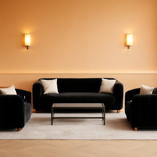 KEAI Black Velvet Tufted Sofa Set for Living Room, 3 Piece Modern Design Couch Set with Gold Metal Ball Legs, Lovely Upholstered Sherpa Furniture Set for Office (Black, 1+1+3 Set)