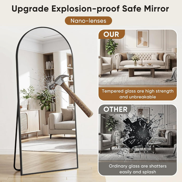 78"×38" Arched Full Length Floor Mirror, Standing Mirror with Aluminum Frame, Large Body Mirror of Free Standing/Wall Mount/Leaning for Bedroom, Living Room, Dressing Room, Black