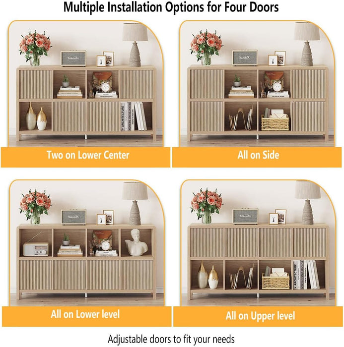 8 Cube Storage Organizer Bookshelf with Storage, 57 Inch Horizontal Bookcase with 4 Doors, Long Wooden Book Shelf for Living Room, Home Office (Light Walnut)
