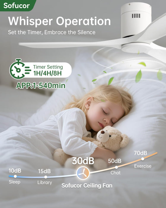 52 Inch Smart Ceiling Fan No Light, Flush Mount Low Profile