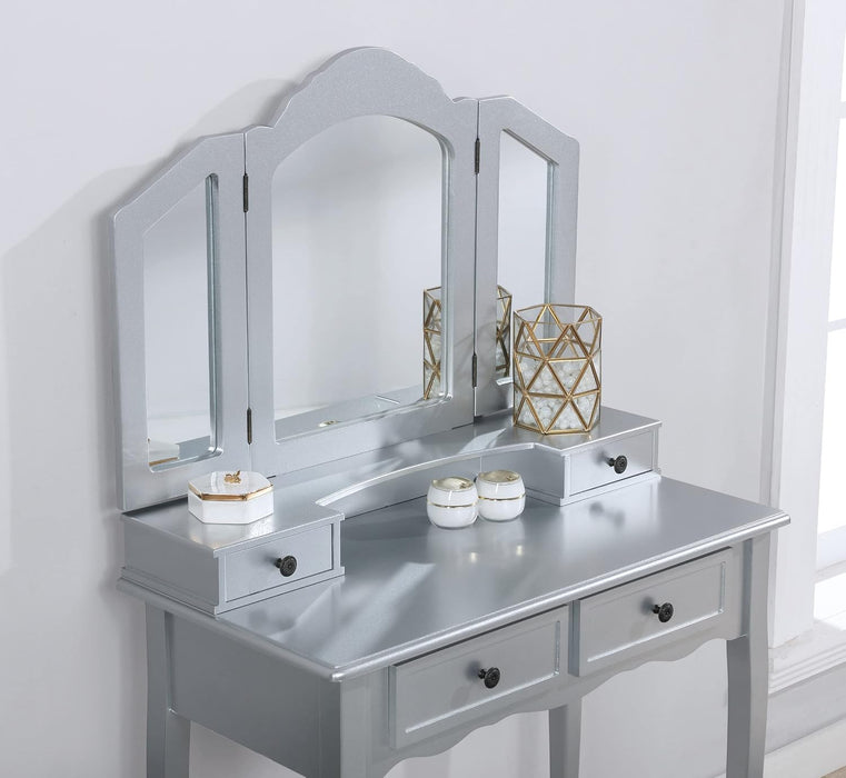 Handcrafted Silvered Wooden Vanity With Mirror Stool