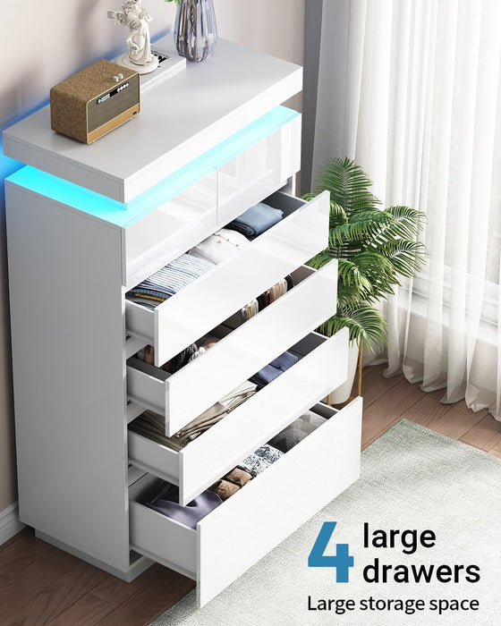 6 Drawer Dresser for Bedroom with LED Lights, White Modern High Gloss Chest of Drawers for Closet, Tall Drawer with Adjustable LED Light, for Living Room, Entryway, Dressing Room