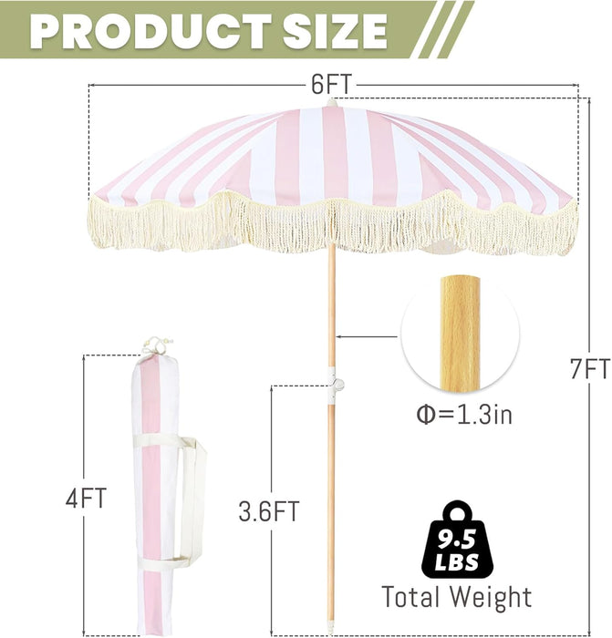 Boho Outdoor Umbrella with Tassels,6Ft Table Umbrella Outdoor Patio with Knobs Tilt,Wind Resistant Portable Beach Umbrella UPF50+ Fringe Umbrellas for Pool Backyard Deck Garden