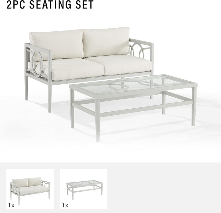 Ashford 2-Piece Outdoor Coffee Table and Loveseat Patio Furniture Set for Porch, Deck, Gray with Creme Cushions