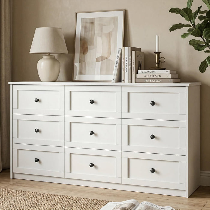 59" Wide White 9 Drawer Dresser for Bedroom with Black Metal Handle