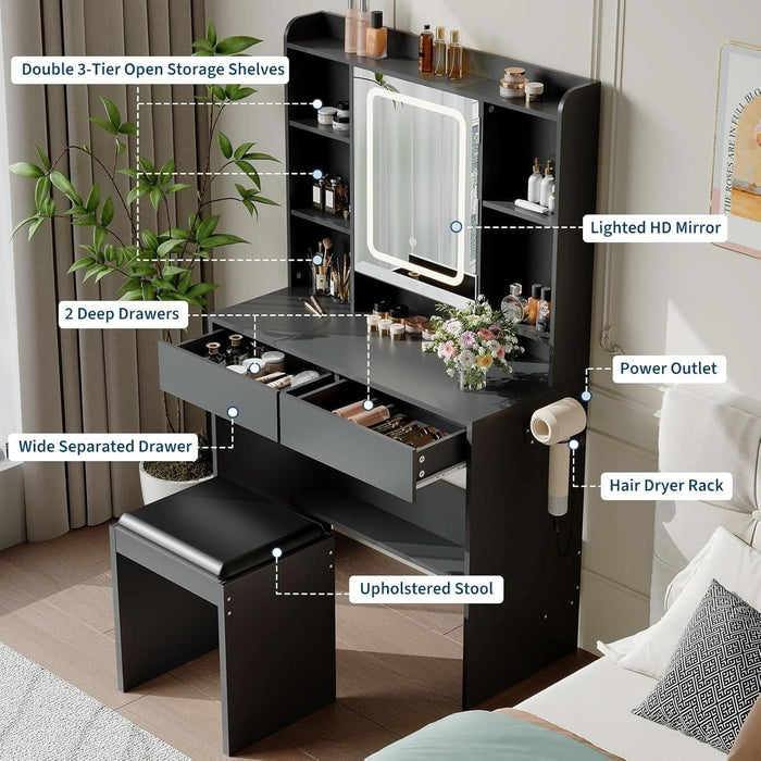 Vanity Desk with Mirror and Lights, for Bedroom,Adjustable 3 Color Lights Modes，Includes Padded Stool, Makeup Table Set with Hidden Storage Shelves, USB Outlets, Hairdryer Holder