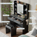 Vanity Desk with Mirror and Lights, for Bedroom,Adjustable 3 Color Lights Modes，Includes Padded Stool, Makeup Table Set with Hidden Storage Shelves, USB Outlets, Hairdryer Holder
