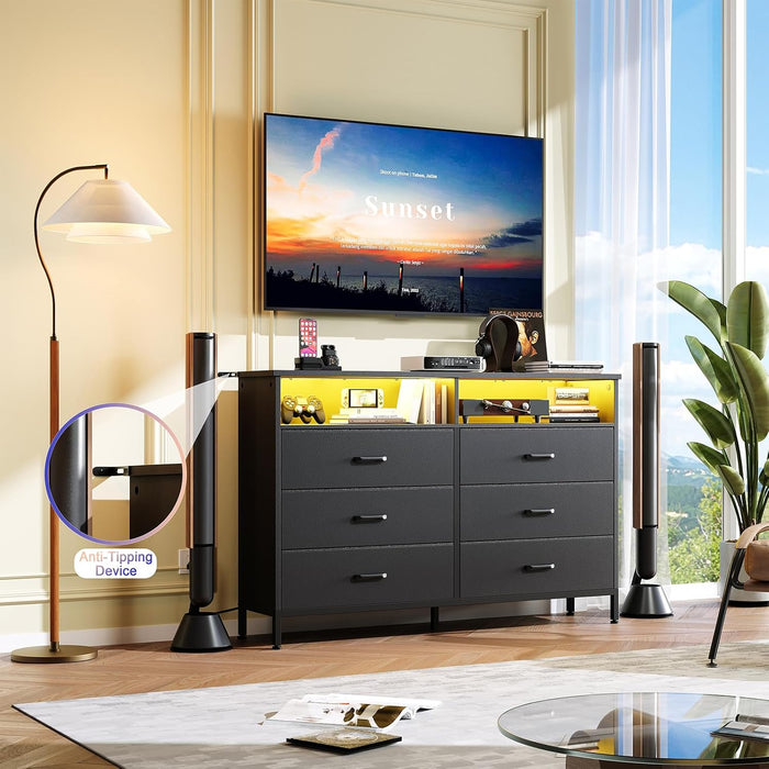 Black Dresser for Bedroom LED 6 Drawer Dresser Fabric Vertical Storagetower
