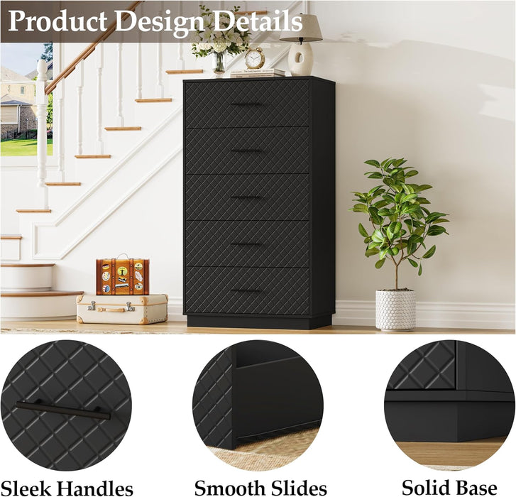 Tall Dresser with 5 Drawers, Modern Wooden Chest of Drawers with Diamond Panel, Anti-Tipping Device, Sturdy and Stable Storage Organizer for Bedroom, Hallway, Living Room