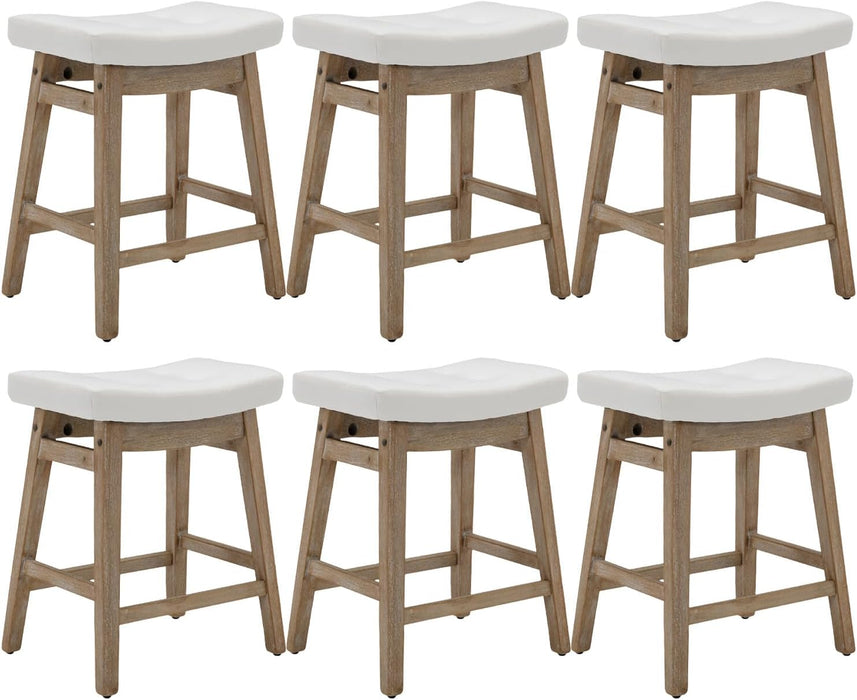 Counter Height Bar Stools Set of 6, Barstools with Upholstered Leather Saddle Seat and Solid Wood Legs 24 Inch Kitchen Counter Stools for Bar, Dining, Farmhouse, White