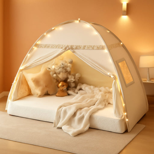 Toddler Canopy Lights & Flags Indoor Floor Bed Kids Tent Playhouse Portable & Foldable Twin Bunk Bed Curtains Girls & Boys House Bedroom Privacy Space Sleeping Tents Gifts Golden Beige Large Size