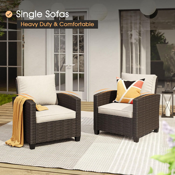 8 Pieces Patio Furniture Set with 45-Inch Firepit, Outdoor Wicker Conversation Set with 3-Seat Sofa, 4 Single Wicker Sofa and Metal Top Firepit with 2 Ottoman for Garden, Yard, Beige Cushion