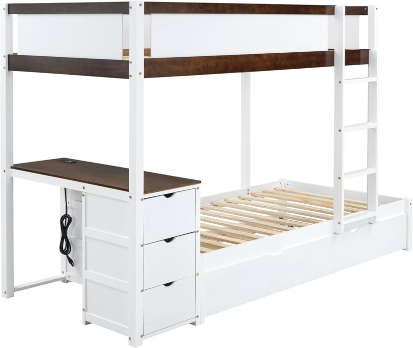 Twin over Twin Bunk Bed Twin Size Trundle, Wood Twin Bunk Bed with USB Ports, Storage and Desk, White+Walnut