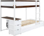 Twin over Twin Bunk Bed Twin Size Trundle, Wood Twin Bunk Bed with USB Ports, Storage and Desk, White+Walnut