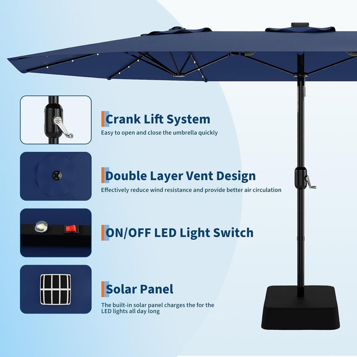 15FT Rectangular Outdoor Umbrella Patio Umbrella with Solar Lights & Base Included Large Market Umbrellas with Crank Handle UV Protection Table Umbrellas for Outdoor, Backyard, Deck, Navy Blue