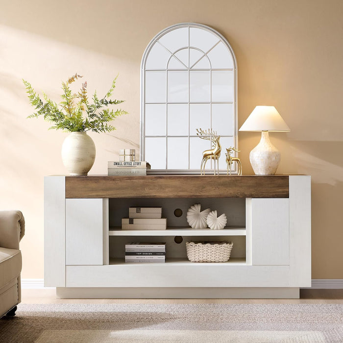 Modern 70" TV Stand, Entertainment Center for Tvs up to 80", Media Console with Large Open Storage & Side Cabinets, Thick Wood Design for Living Room, Antique White