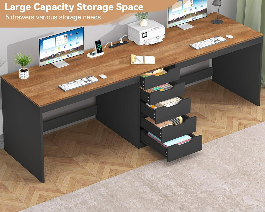 2 Person Desk with 5 Drawers and Power Outlets, 78.7 Inch Long Computer Desk with Storage File Cabinet, Two Person Home Office Double Desk with Storage, Brown and Black