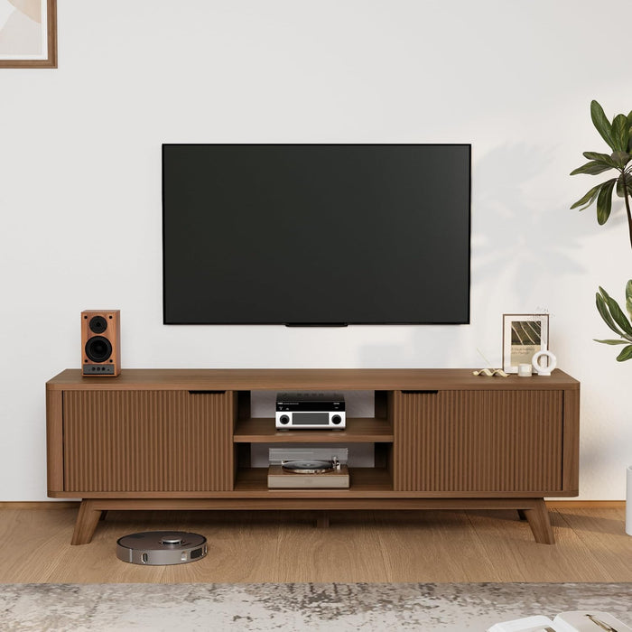 Mid Century Modern for TV Stand for Tvs up to 55-65 Inch,Tv Stand for Living Room,Tv Console with Storage,Tv Console with Fluted Door Cabinets and Open Shelves,Walnut