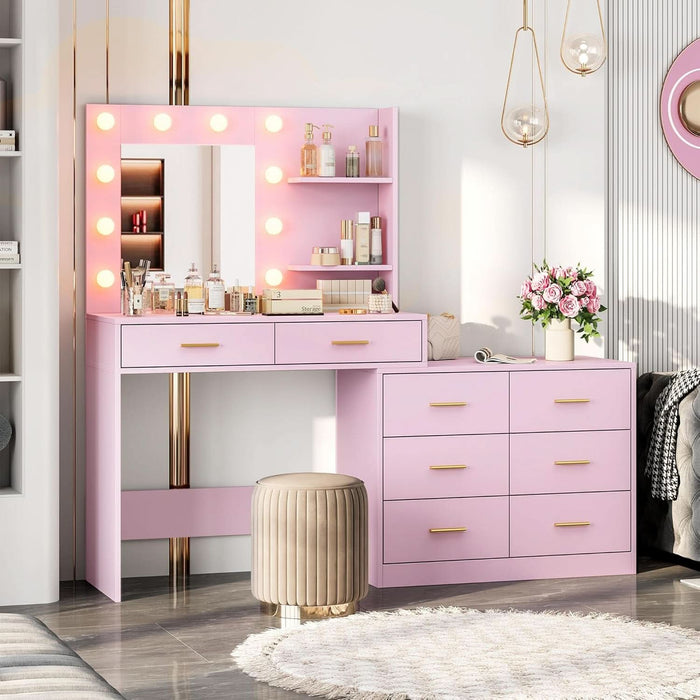 61" Make up Vanity Desk with Mirror and Lights, Pink Vanity with 8 Wide Storage Drawers & 2 Tier Shelves, 3 Lighting Modes with Adjustable Brightness for Bedroom