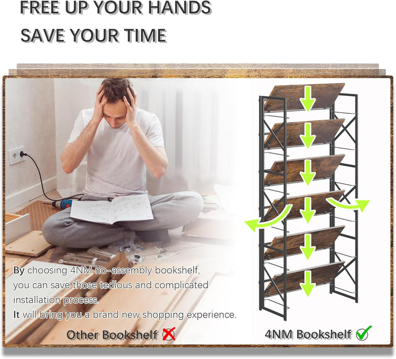 Six Tier Foldable Brown Bookcase Industrial Finish