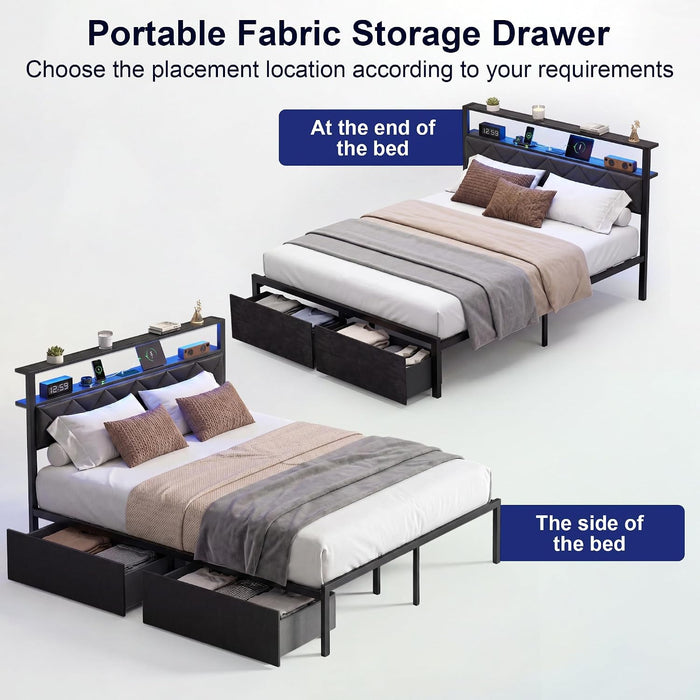 Full Bed Frame with LED Lights, Charging Station & 2 Storage Drawers, Metal Platform with Upholstered Headboard, No Box Spring Needed, Easy Assembly