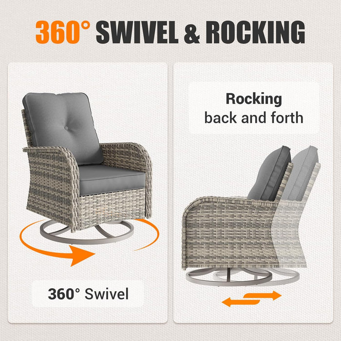 10-Piece Outdoor Patio Furniture Set with Rocking Swivel Chair, PE Wicker Rattan Sectional Sofa Patio Conversation Set with 55,000 BTU Fire Pit Table & Coffee Table, Grey