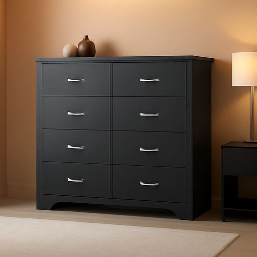 Modern 8 Drawer Dresser for Bedroom, Tall Bedroom Dresser with Large Drawers and Metal Handles, Wooden Chest of Drawers, Storage Cabinet and Organizer for Living Room, Hallway, Black