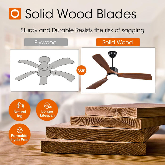 2 Pack 52 Inch Ceiling Fans with Lights, Black Ceiling Fan with Light and Remote Control, Reversible, 3 Wood Blades, 6 Speeds, 3CCT Dimmable, Noiseless, Wood Ceiling Fan for Indoor/Outdoor Use