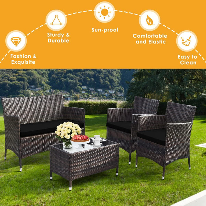 4-Piece Rattan Patio Set, Outdoor/Indoor Wicker Conversation Set for Pool, Backyard, Lawn, Wicker Chairs and Sofa with Soft Cushion, Rattan Furniture with Tempered Glass Coffee Table