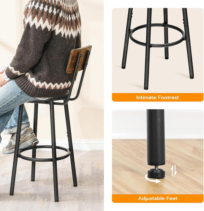 Bar Stools, Bar Stools Set of 2 with PU Upholstered, Bar Chairs with Footrest and Back, 26" Bar Stools for Kitchen Island, Dining Room, Easy to Assemble, Rustic Brown and Black BF31BY01G1