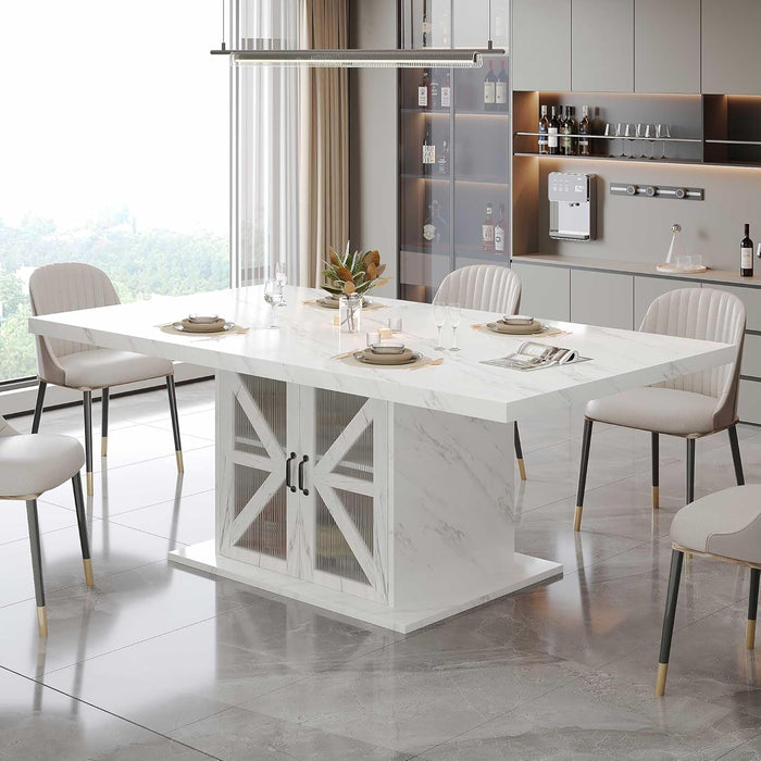 Modern Dining Table for 4 to 6, White Rectangle Kitchen Table with Storage, Wooden Pedestal Dining Room Table with Fridge Space, Large Dinner Tables for Home,Living Room,White Faux Marble, 63 Inch
