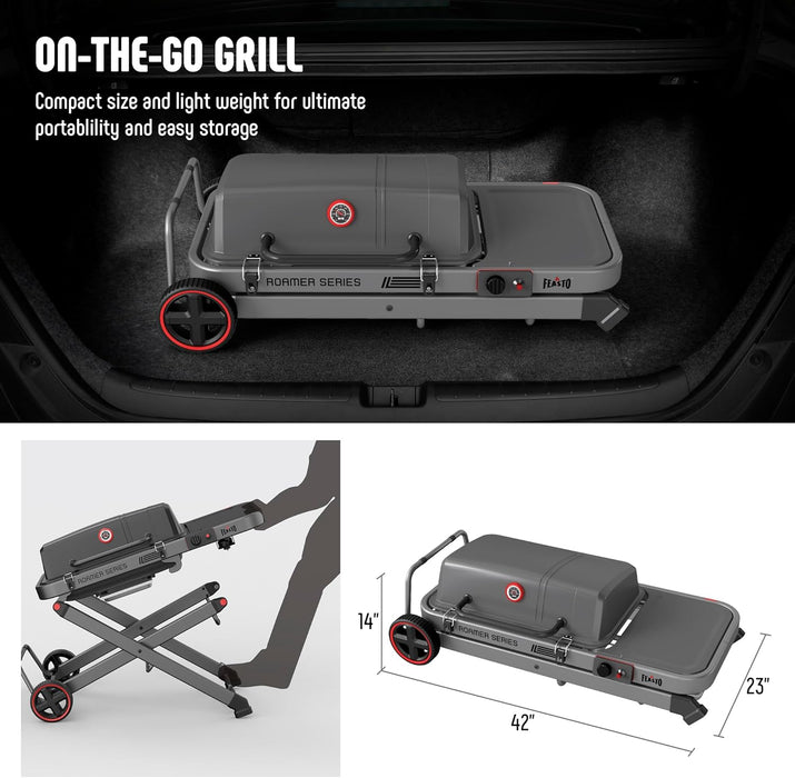 Portable Propane Gas Grill with Folding Cart & 13000 Btus Burner, 360 Sq. In. Cast Iron Cooking Grates, Side Table, 8" Wheels, Stainless Grease Tray for Outdoor BBQ, Camping & Tailgating, Grey