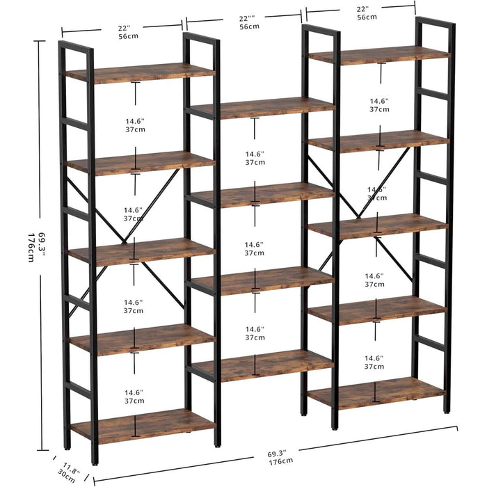 Bookcases and Bookshelves Triple Wide 5 Tiers Industrial Bookshelf, Large Etagere Bookshelf Open Display Shelves with Metal Frame for Living Room Bedroom Home Office