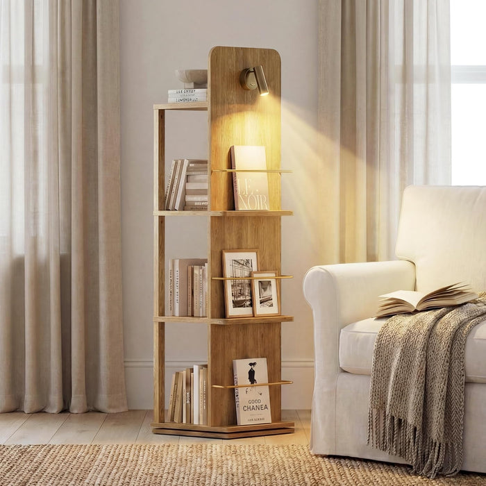 Rotating Bookshelf Tower W/Light, 15.4''/Shelf for Living Room Oak | 15.4'' Tall/Shelf, 4 Tier Spinning Bookshelf, Space-Saving Storage Book Shelf for Living Room, Bedrooms, Office, Natural Oak