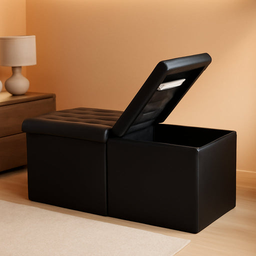 Footrest Ottoman Bench with Storage,34Inch Black Leather Footstool, Coffee Table, Padded Seat, Storage Chest,Blanket Store with Flipping Lid for Livingroom and Bedroom