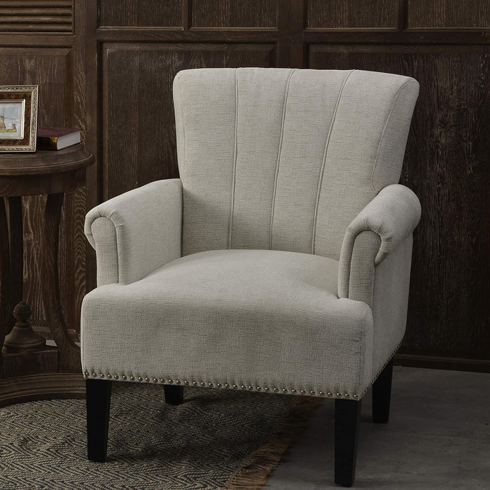 Modern Accent Living Room Chairs, Comfy Polyester Upholstered Club Chair with Rivet Tufted Scroll Arm, Tufted Arm Chair for Living Room, Reading Room, Bedroom,Cream+Polyester