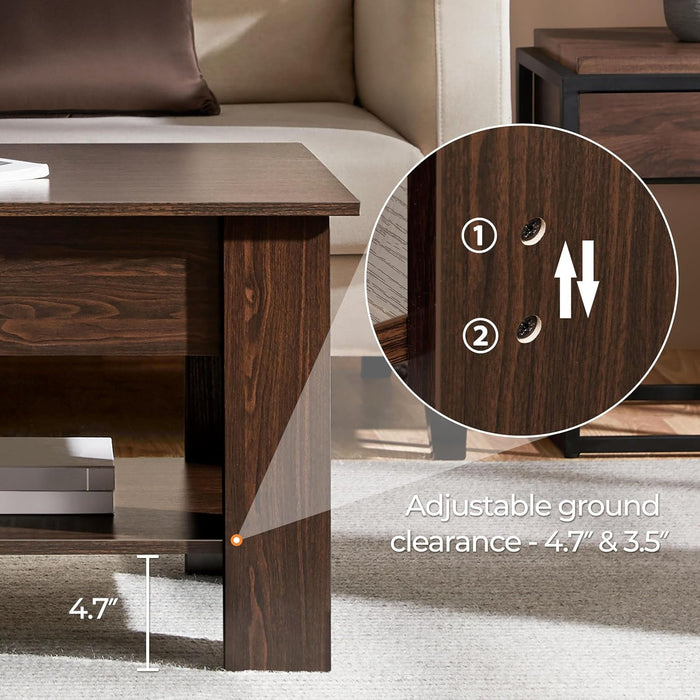 Lift Top Coffee Table with Hidden Compartment and Storage Shelf, Rising Tabletop Dining Table for Living Room Reception Room, 47.5In L, Espresso