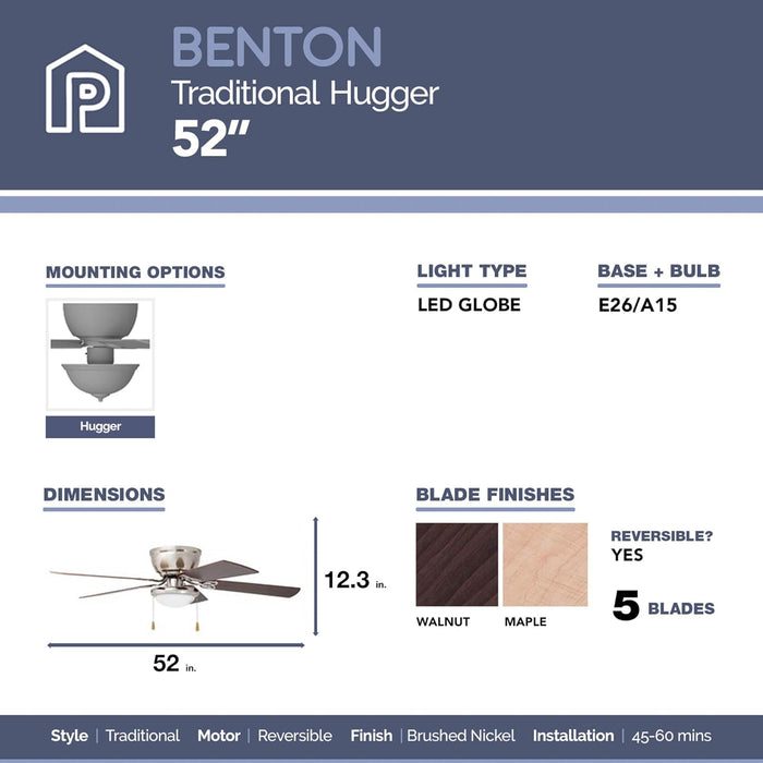 Benton Traditional 52 Inch Ceiling Fan with Light, LED Flush Mount Ceiling Fan, Indoor Fan with 5 Blades, Brown Walnut and Brown Maple Blade Finish Options, Brushed Nickel (51428-01)