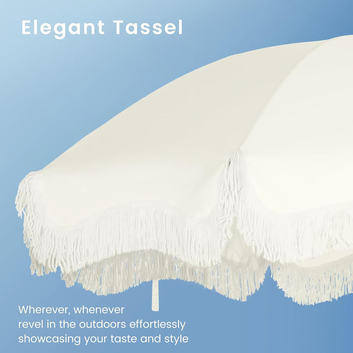 7Ft Fringe Beach Umbrella White with Sand Anchor, Outdoor Patio White Portable Beach Umbrella for Sand with Tassels, Push Button Tilt & Carrying Bag, UPF 50+