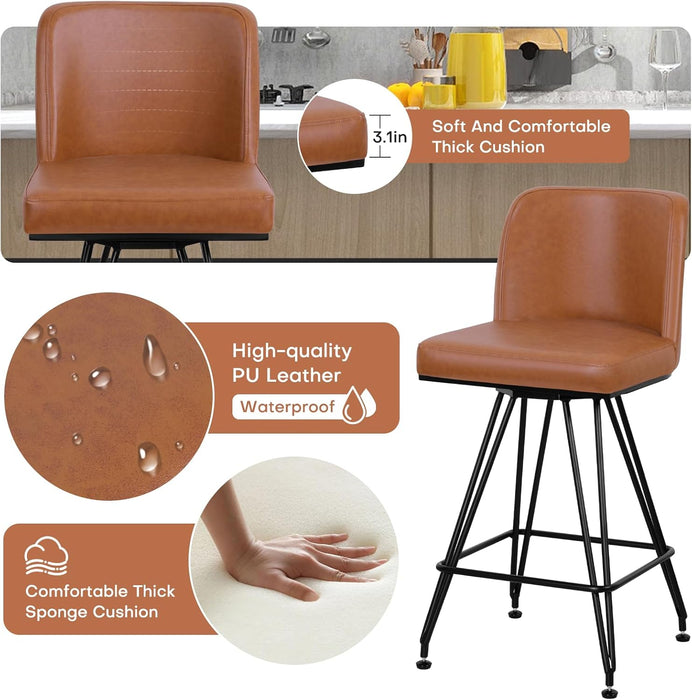 Swivel Bar Stools Set of 4, 26 Inch Counter Height Barstools, Faux Leather Bar Stool with Backs and Solid Metal Legs, Industrial Heavy Duty Counter Stools for Kitchen Island, Pub, Brown