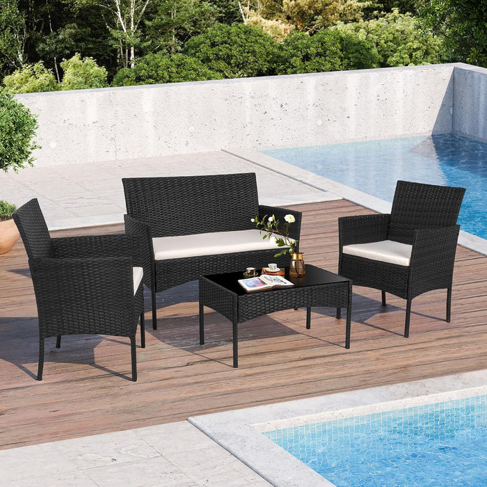 4 Piece Outdoor Patio Furniture Sets, Small Wicker Patio Conversation Furniture Rattan Chair Set with Tempered Glass Coffee Table for Backyard Porch Garden Poolside Balcony,Black
