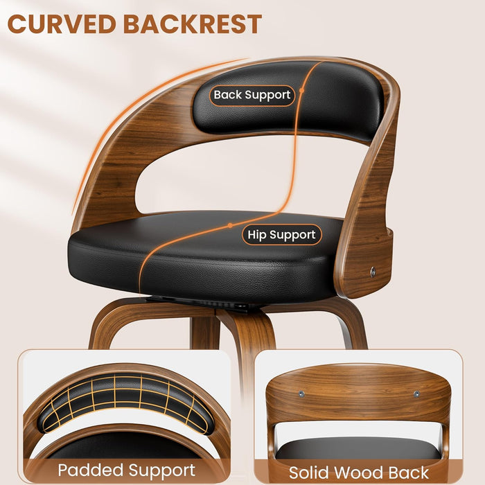 Bar Stools Set of 2, 26" Bentwood Counter Height Barstools, Black | Swivel, Mid-Century Modern, Faux Leather, Ergonomic Backrest, Padded Seat, Bentwood Legs, Footrest, for Kitchen Island, Bar