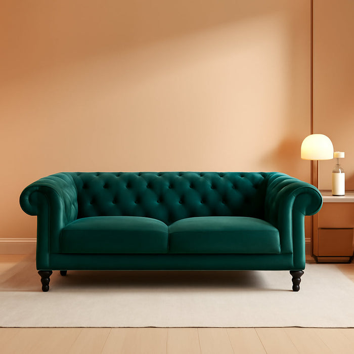 3 Pieces of Living Room Furniture Sofa Sets, Modern Velvet Chesterfield Sofa&Chesterfield Club Chair&Chesterfield Loveseat Sofas Set with Nailhead Trim Scroll Arms for Living Room(Green)