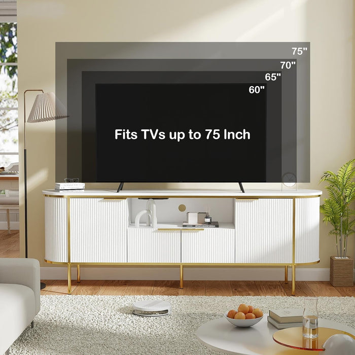 White Tv Stands for Living Room: 70" Large Entertainment Center with Storage, Modern Media Console Cabinet with Doors, Fluted Tv Table with Gold Legs (White, 70" TV Stand)