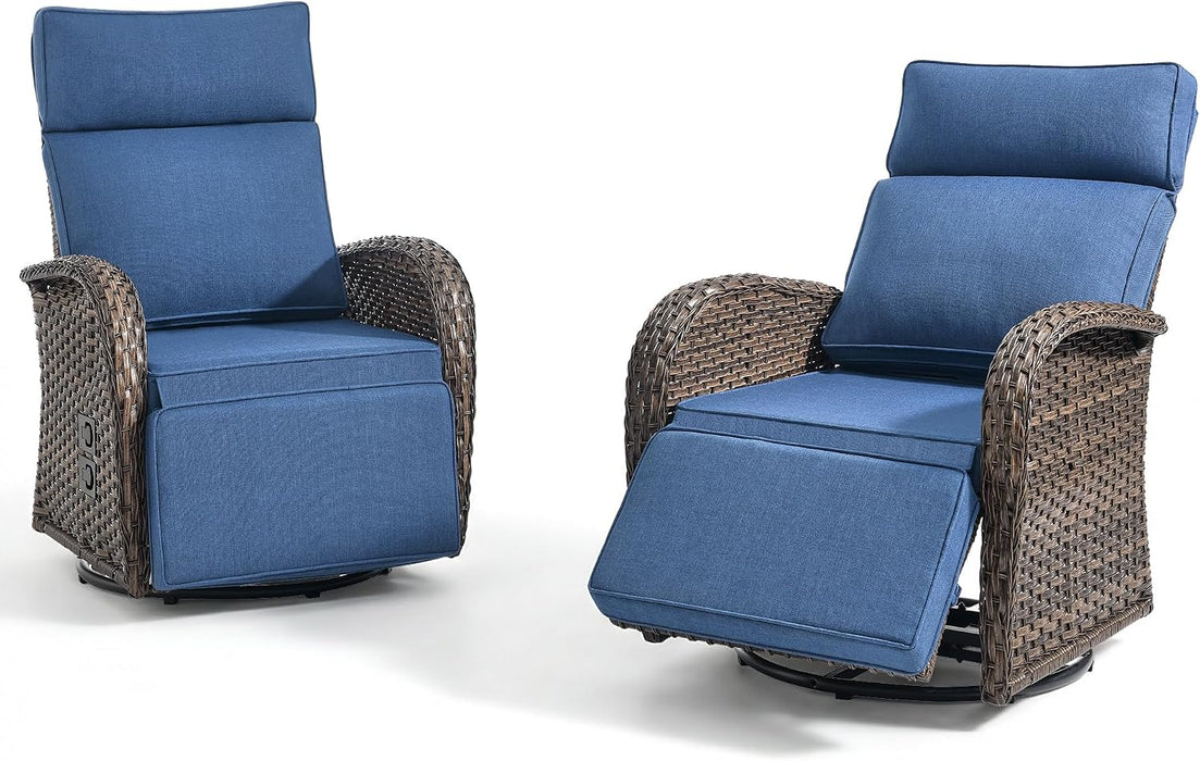 Zero Gravity Patio Swivel Recliner Chairs Set of 2 - Wicker Outdoor Lounge Chair with Adjustable Backrest & Footrest, All Weather Reclining Rocker Chairs with Thick Cushion for Pool Deck Blue