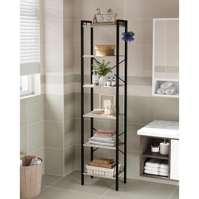 Bookshelf, Book Shelf, Industrial Bookcase with 2 Hooks, Coner Shelf Storage Organizer for Home Office, Living Room, Bedroom, Kitchen, 6-Tier Greige BC10705B