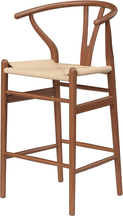 Wishbone Barstool, Weave Counter Height Bar Stool with Non-Slip Foot Mats, Fully Assembled Bar Stool for Kitchen, Island, Dining Room, Bar, Walnut